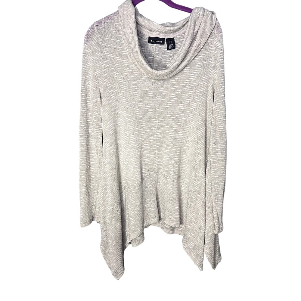 DKNY Sweater Women's Size Large Cowl Neck Asymmetric Hem Lagenlook Knit Grey
